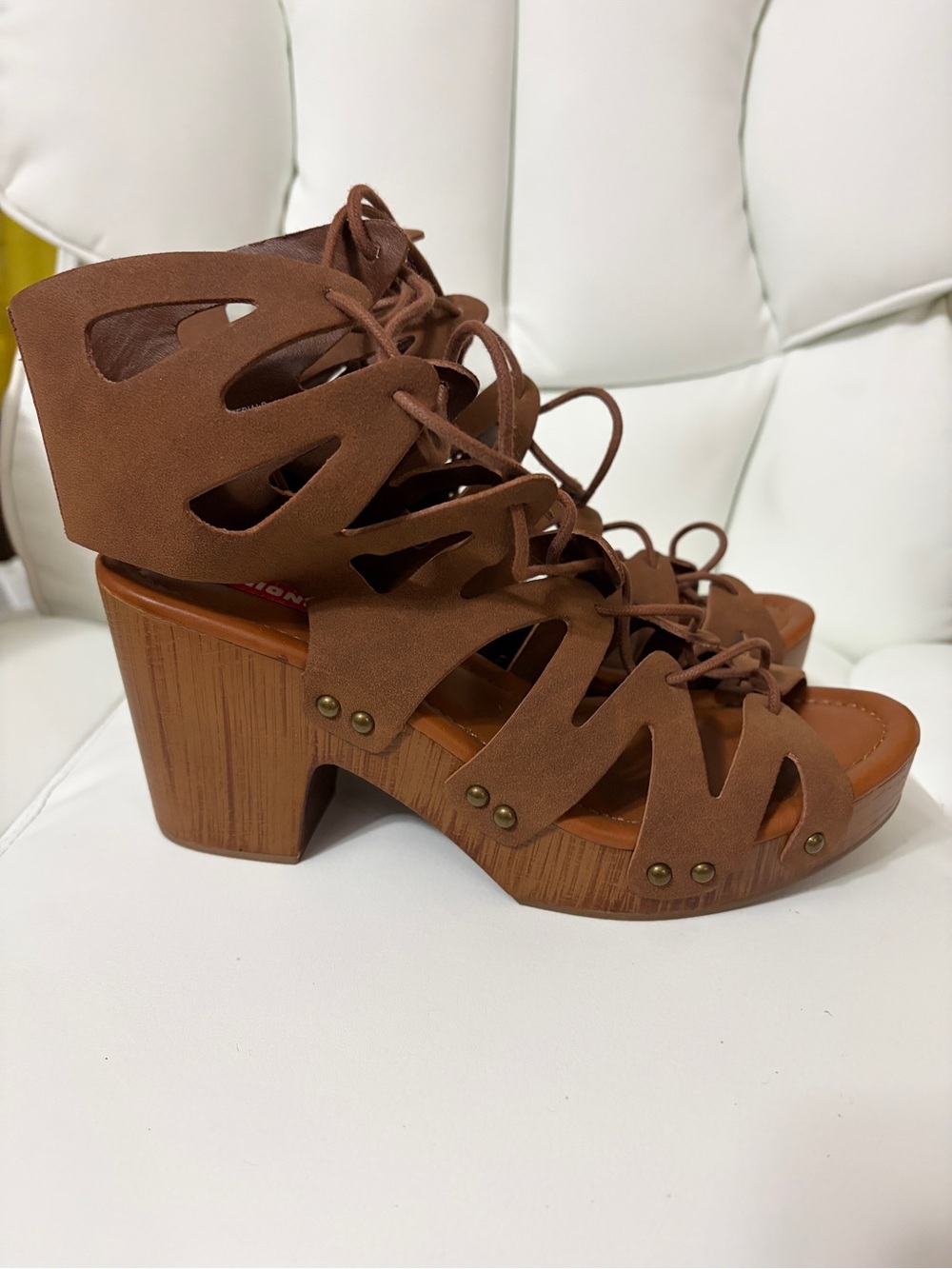 Brown Lace-Up Cutout Platform Sandals